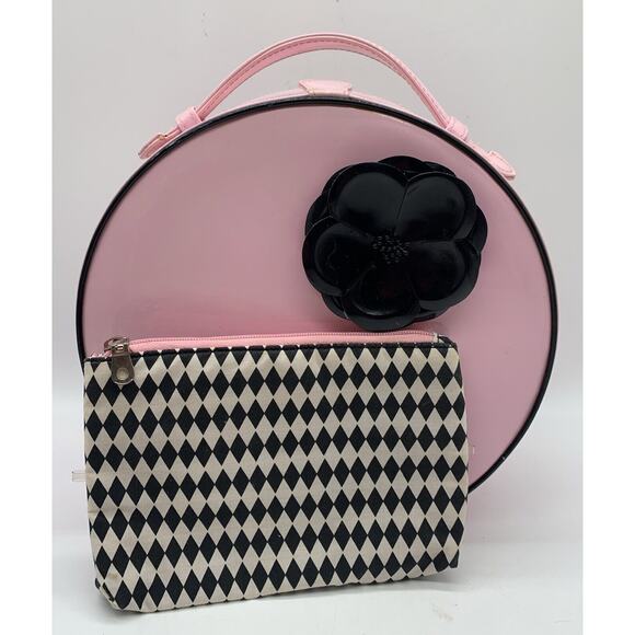 Pink Retro 11” Vinyl Train Carry On With Cosmetic Bag Harlequin Print Groovy See - Picture 1 of 15